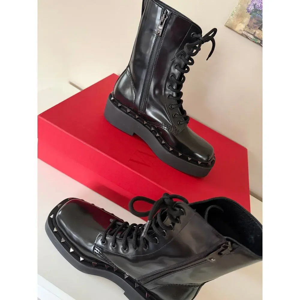 Valentino Garavani Rockstud Black Patent Leather Combat Boots 38 NEW Box